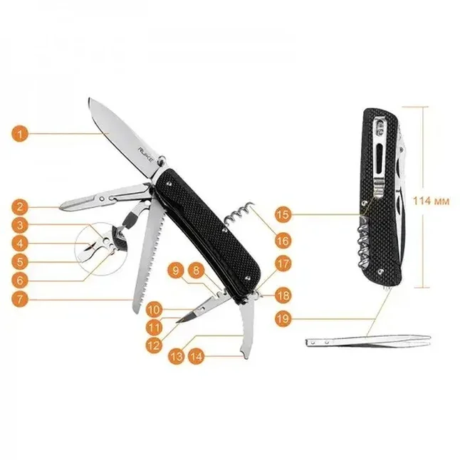 Багатофункціональний ніж Ruike Trekker LD42-B, (8.5 см) 12C27 / G10 чорний, 19 інстр. — Photo 1